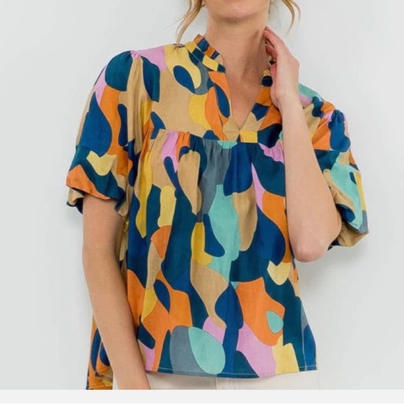THML Tops - THML Boho Blouse Abstract Multi Colored Pattern Puff Sleeve